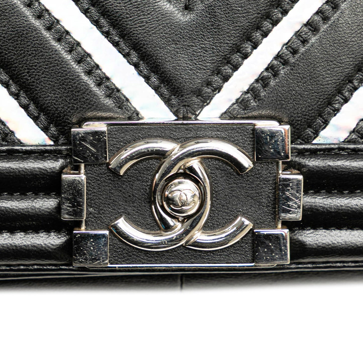 Black Chanel Medium Lambskin and Iridescent PVC Chevron Boy Flap Crossbody Bag