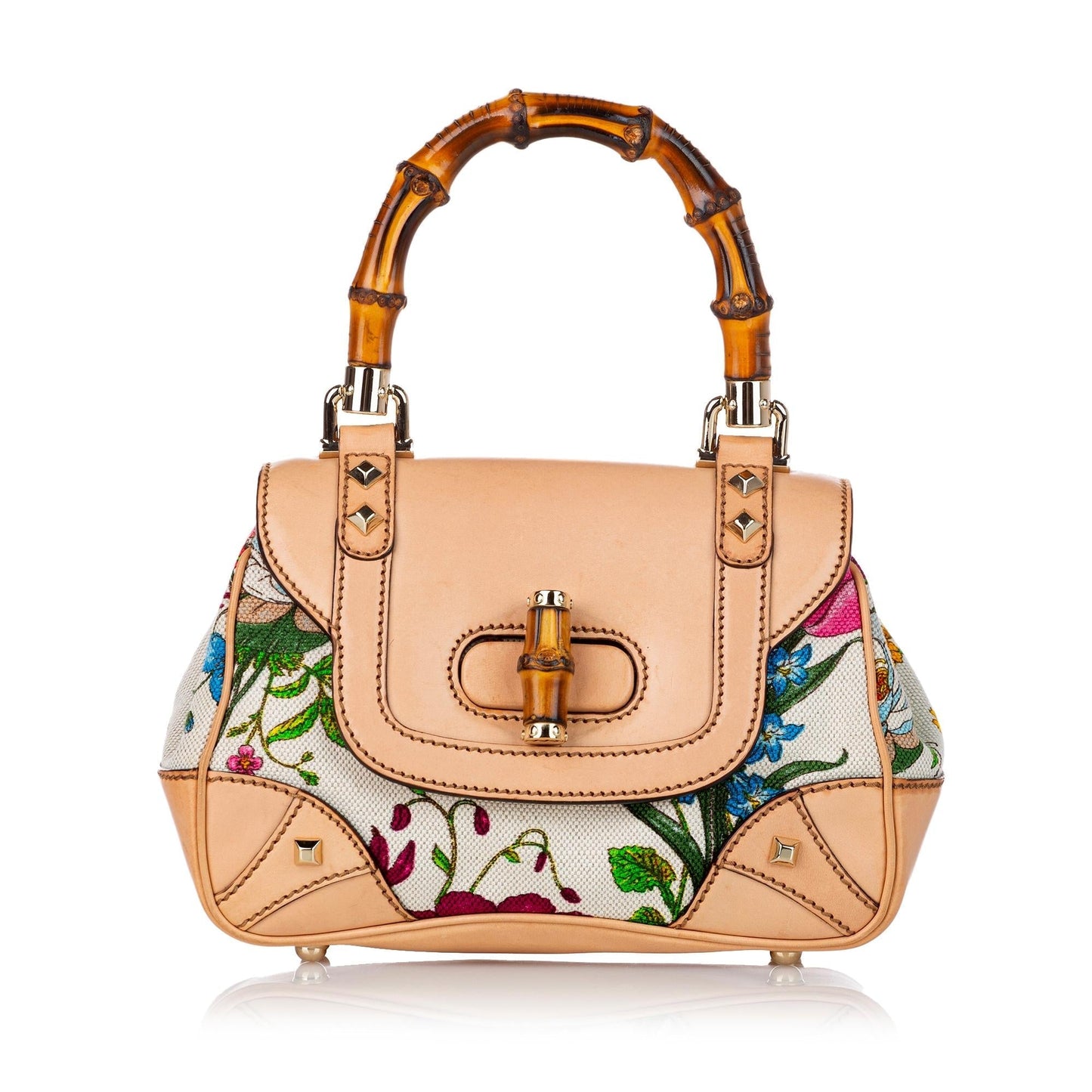 Gucci Bamboo Flora Nailhead Canvas Handbag (SHG-30469)