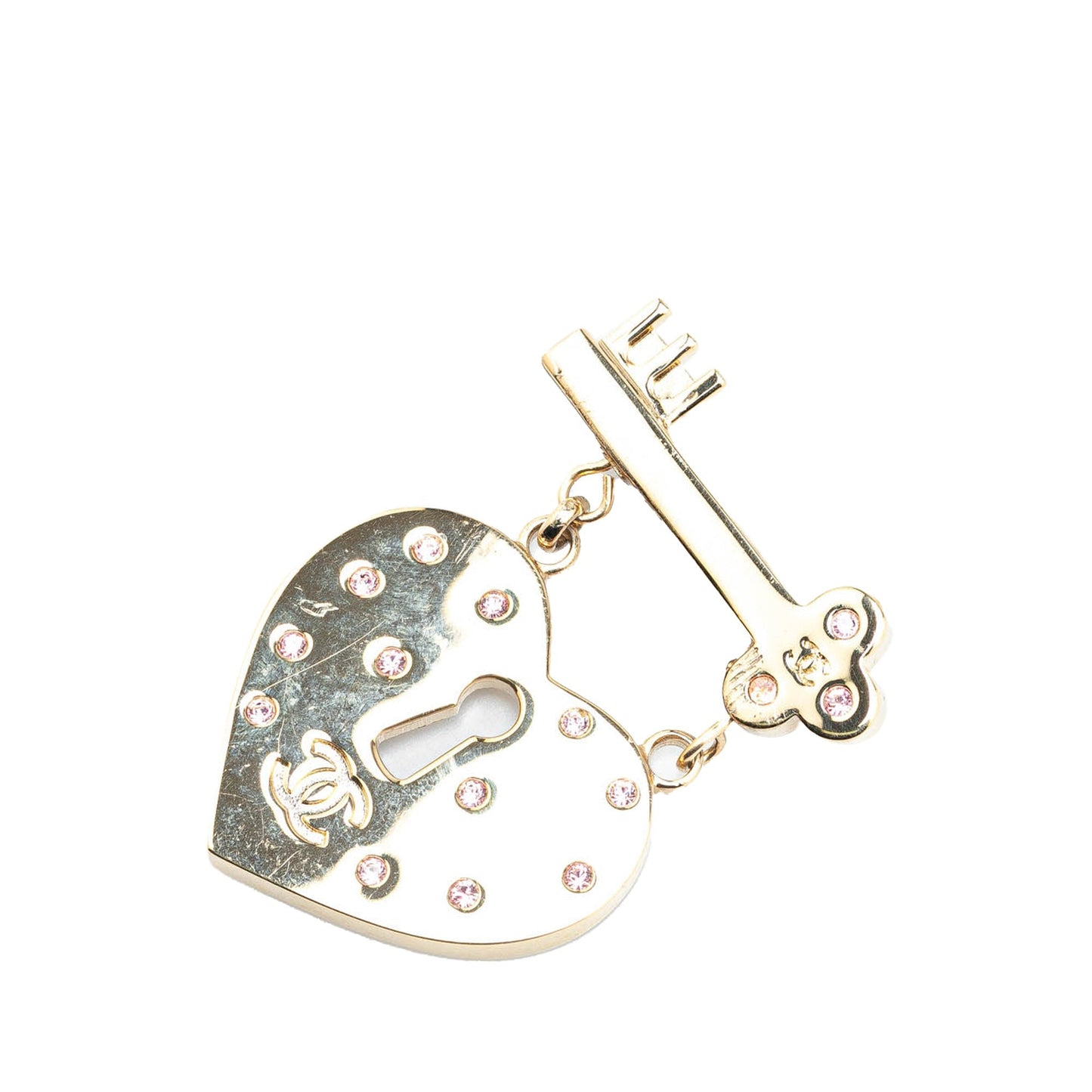 Gold Chanel Gold Plated Heart Lock and Key Brooch Pin