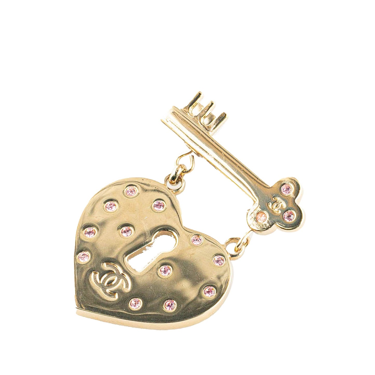 Gold Chanel Gold Plated Heart Lock and Key Brooch Pin