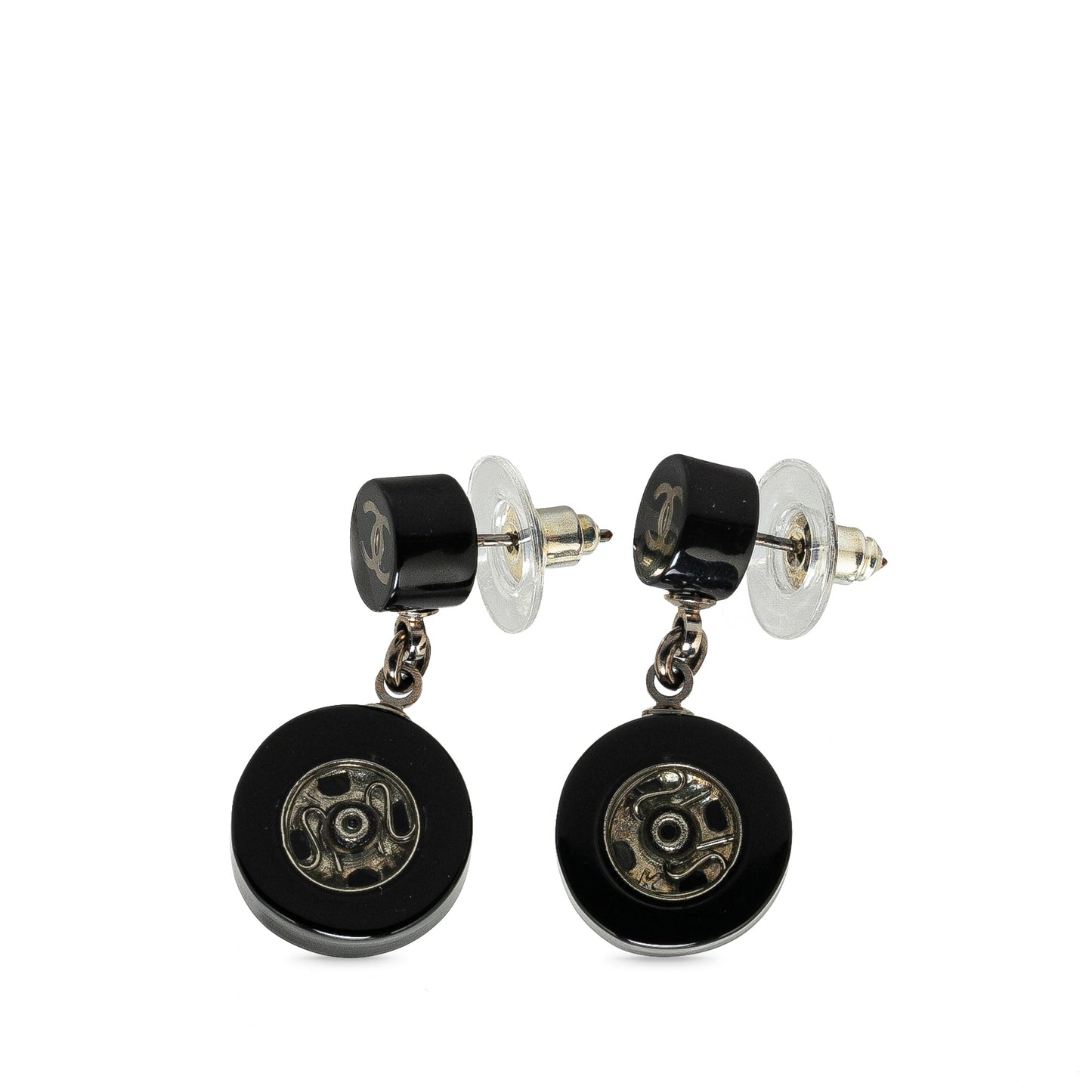 Black Chanel Resin CC Tire Drop Earrings