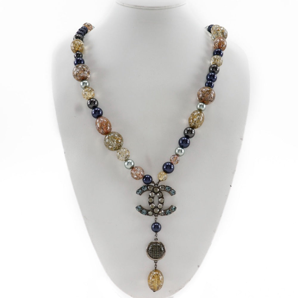 Chanel Coco Mark Necklace Metal Faux Pearl Rhinestone