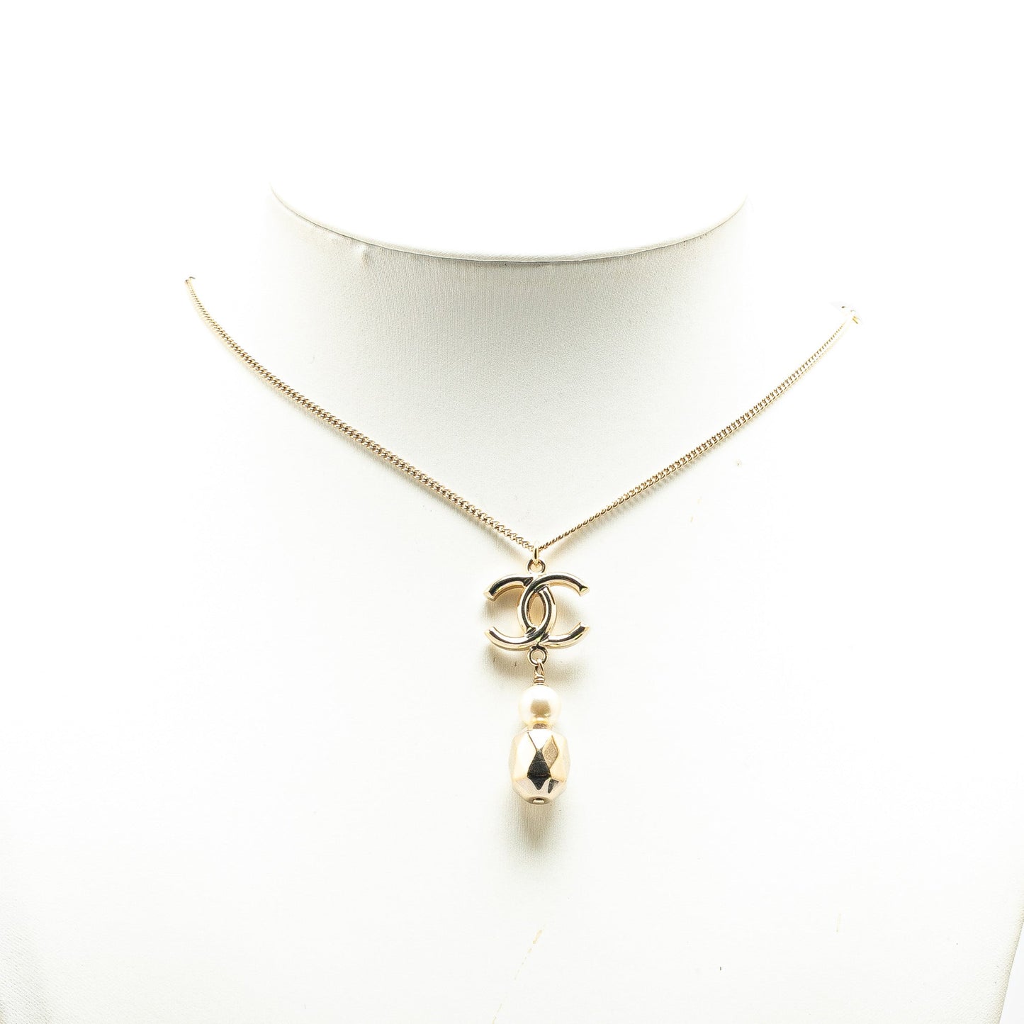 Gold Chanel Gold Plated CC Faux Pearl Pendant Necklace