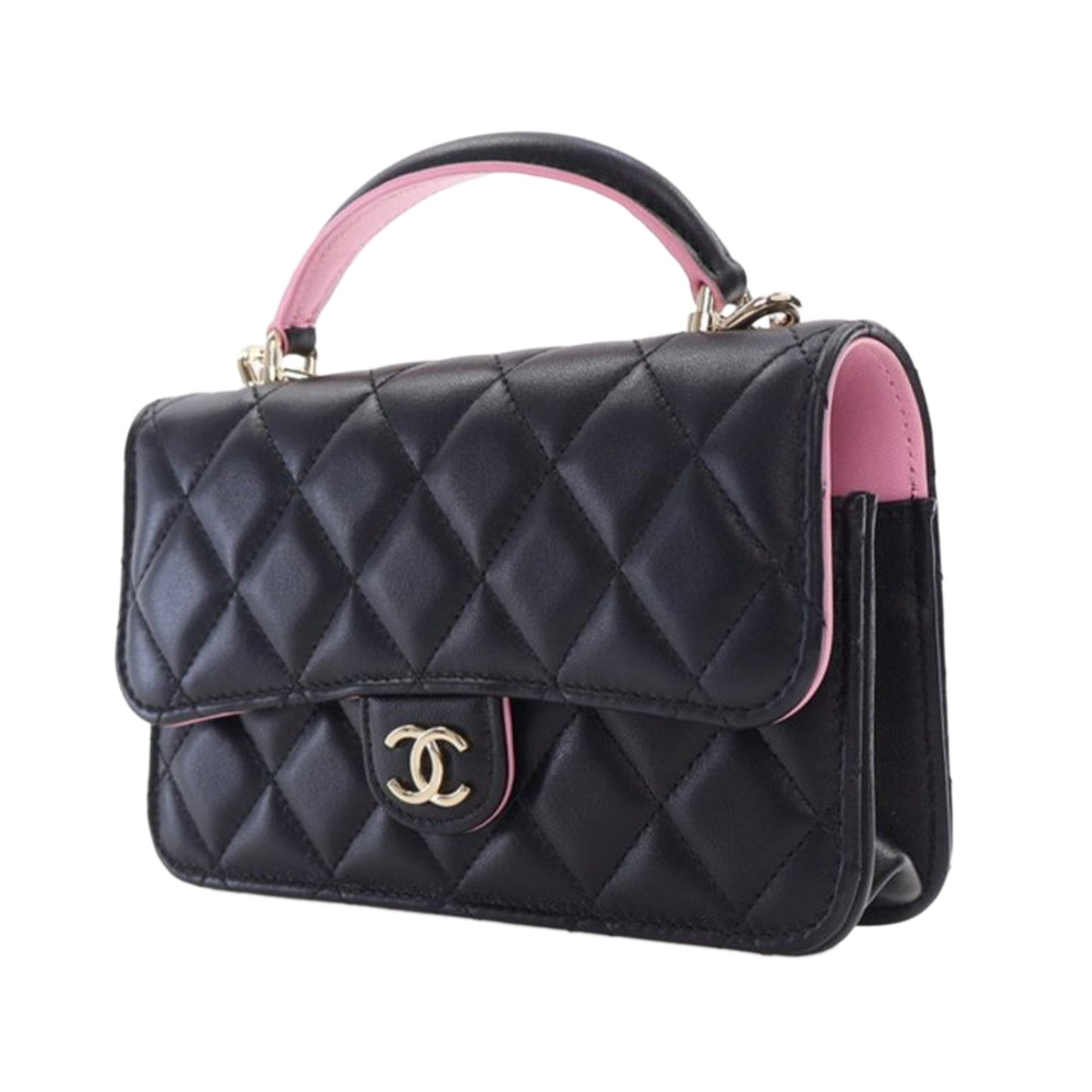Black Chanel Bicolor Quilted Lambskin Top Handle Phone Holder with Chain Satchel