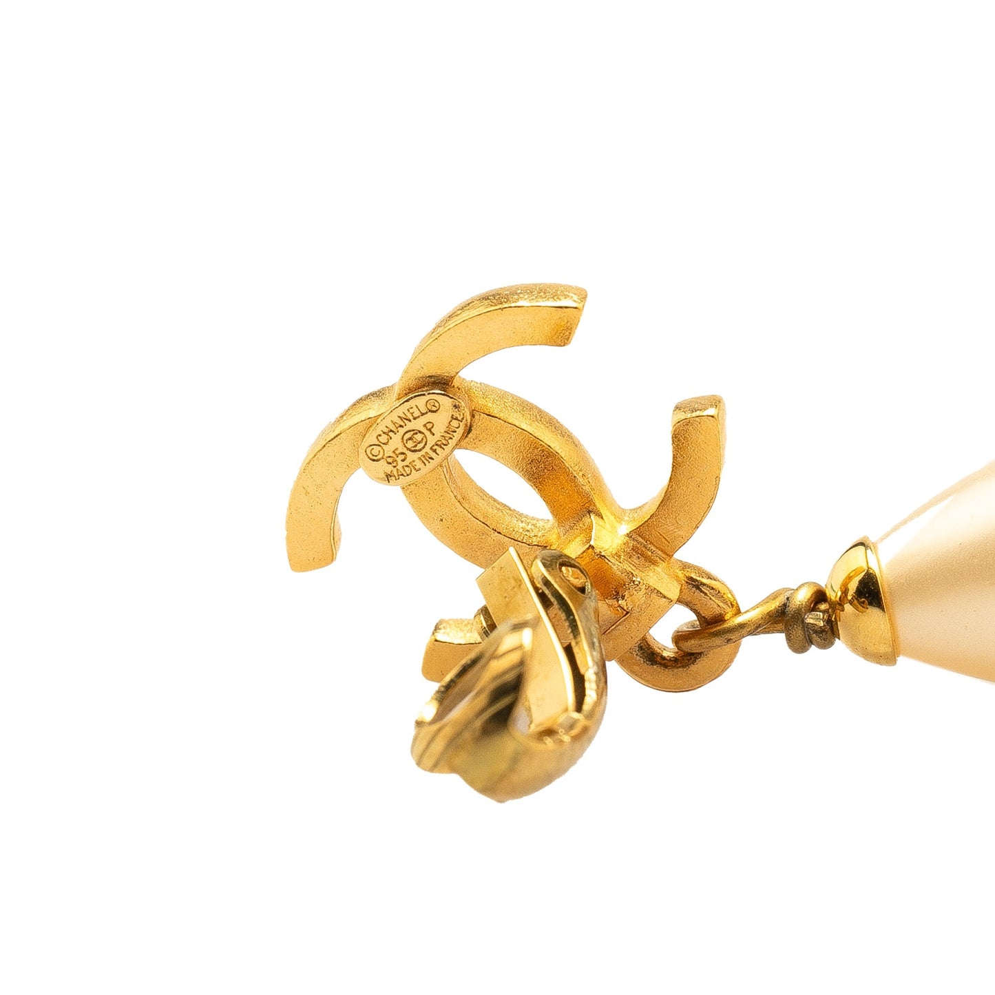 Gold Chanel Gold Plated CC Faux Pearl Drop Clip on Earrings