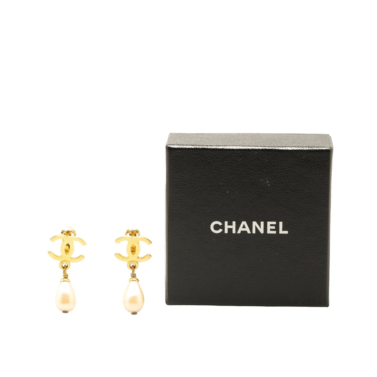Gold Chanel Gold Plated CC Faux Pearl Drop Clip on Earrings