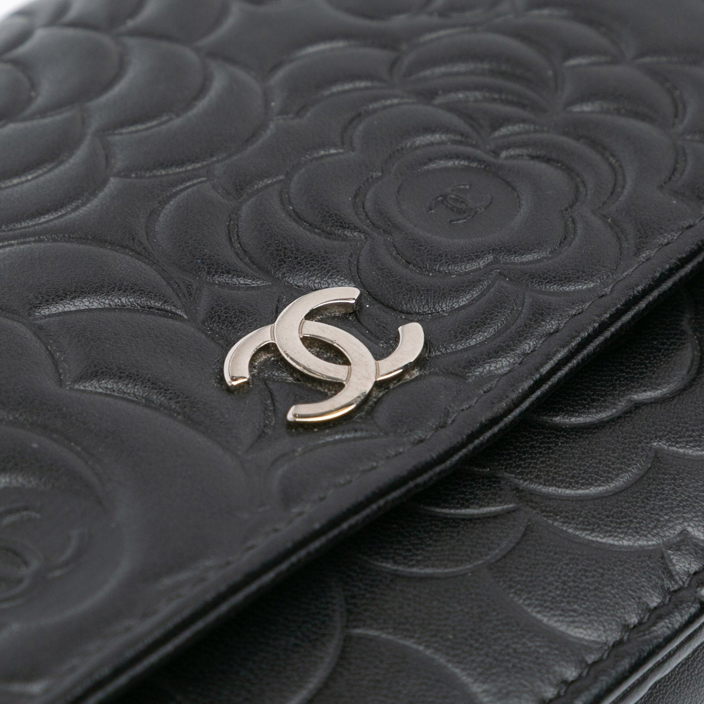 Black Chanel Lambskin Camellia Embossed Wallet On Chain Crossbody Bag