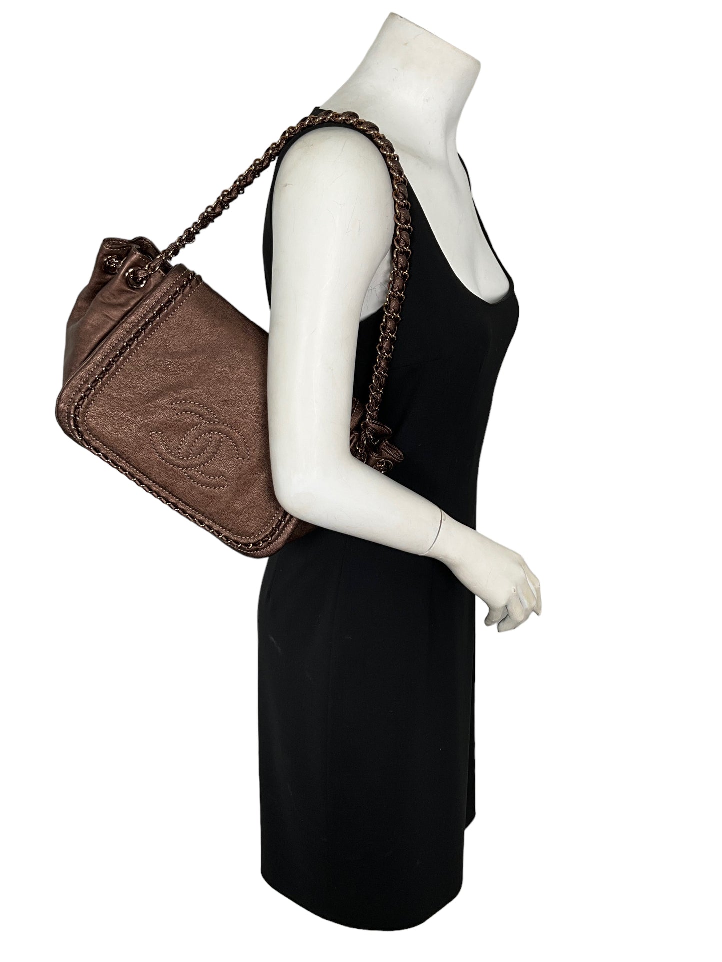 Chanel Metallic Bronze Leather Luxe Ligne Accordion Flap Bag