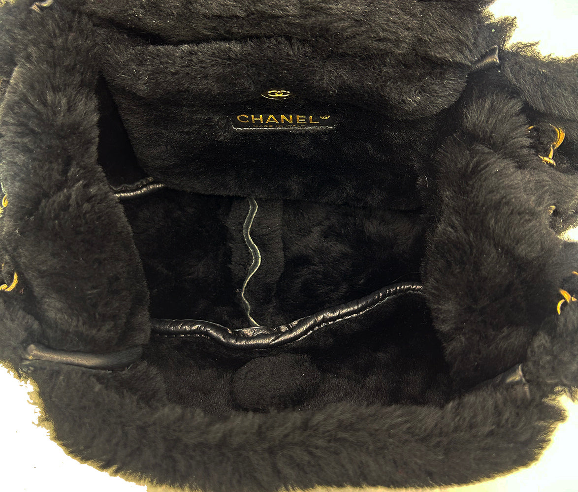 Chanel Black Suede Shearling Small Accordion Flap Bag
