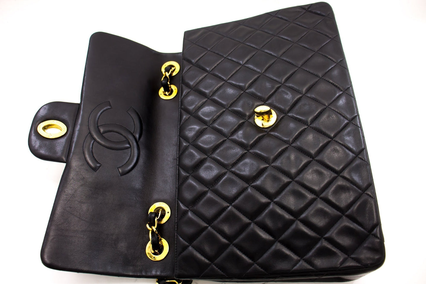 CHANEL Jumbo 13" Maxi 2.55 Flap Chain Shoulder Bag Black Lambskin d66