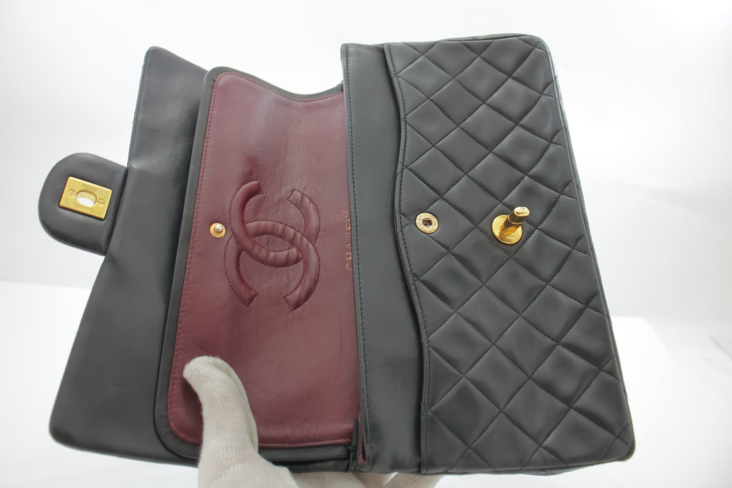 CHANEL Classic Double Flap 10" Chain Shoulder Bag Black Lambskin i68
