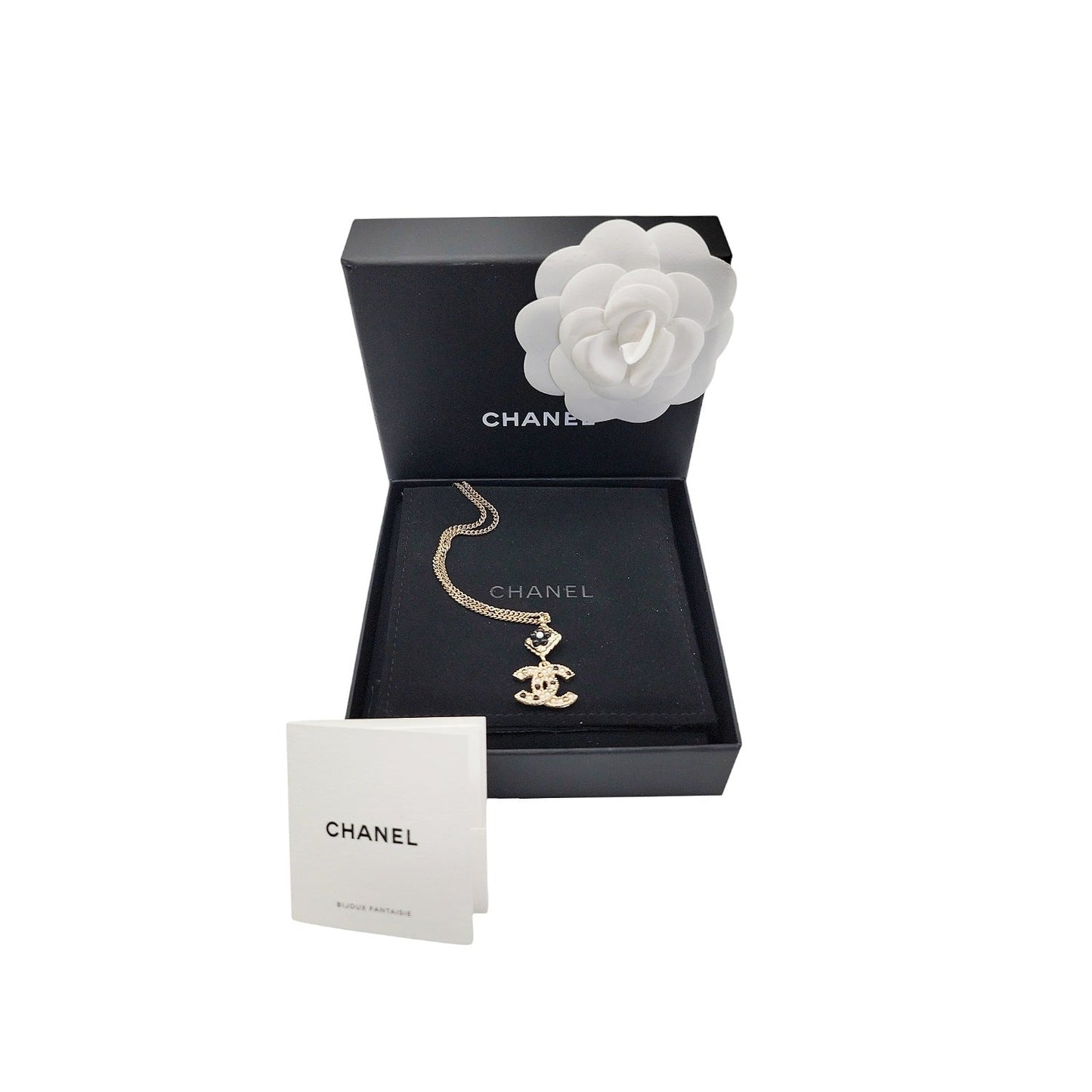 Chanel CC Logo Flower Black Bead Faux Pearl Necklace