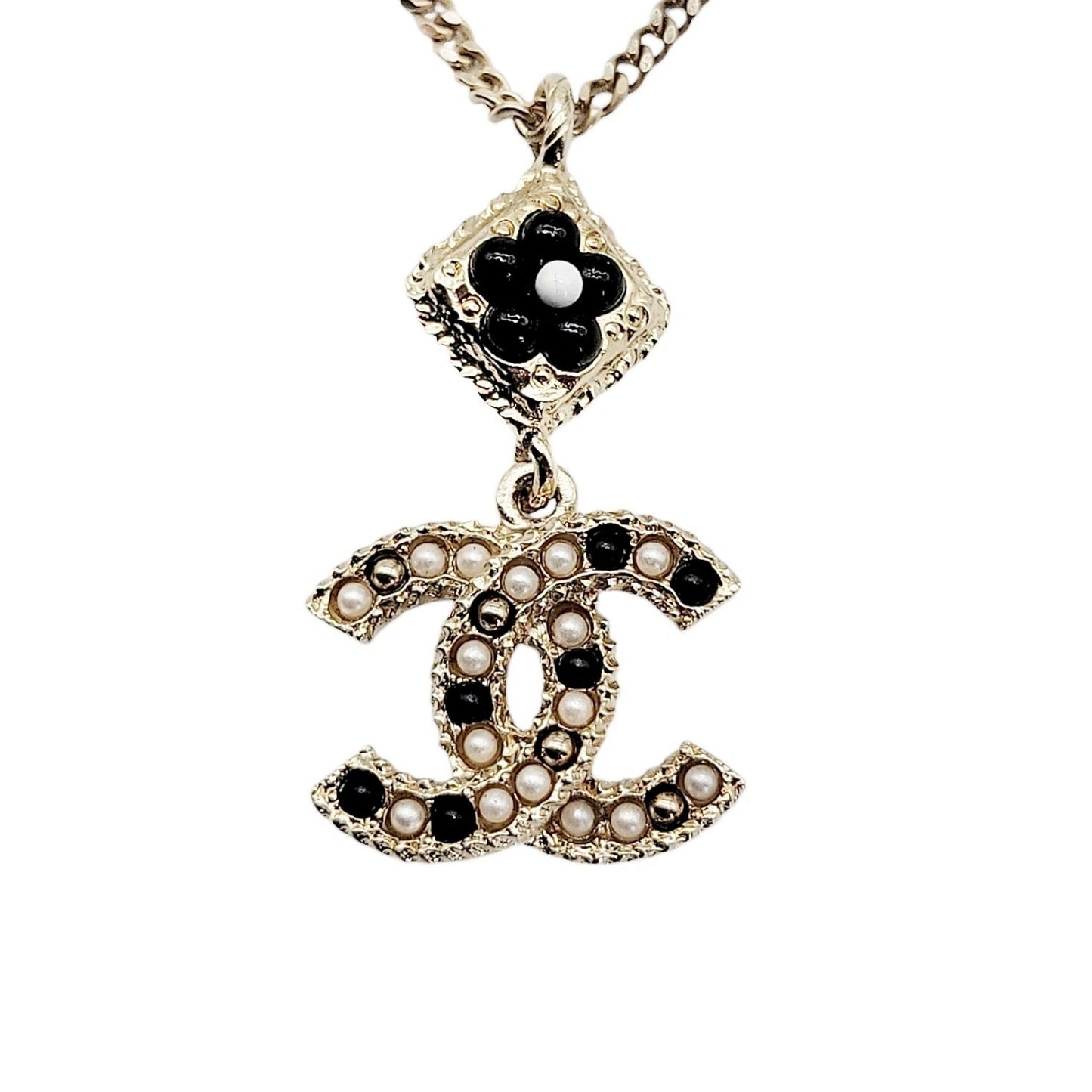 Chanel CC Logo Flower Black Bead Faux Pearl Necklace