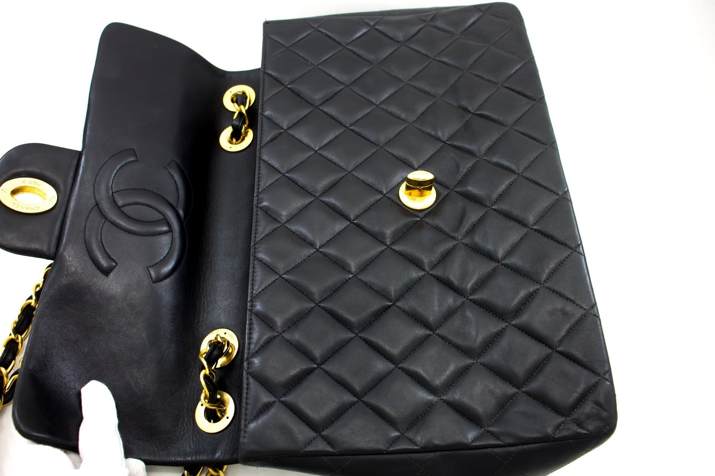 CHANEL Jumbo 13" 2.55 Flap Chain Shoulder Bag Black Lambskin Large g83
