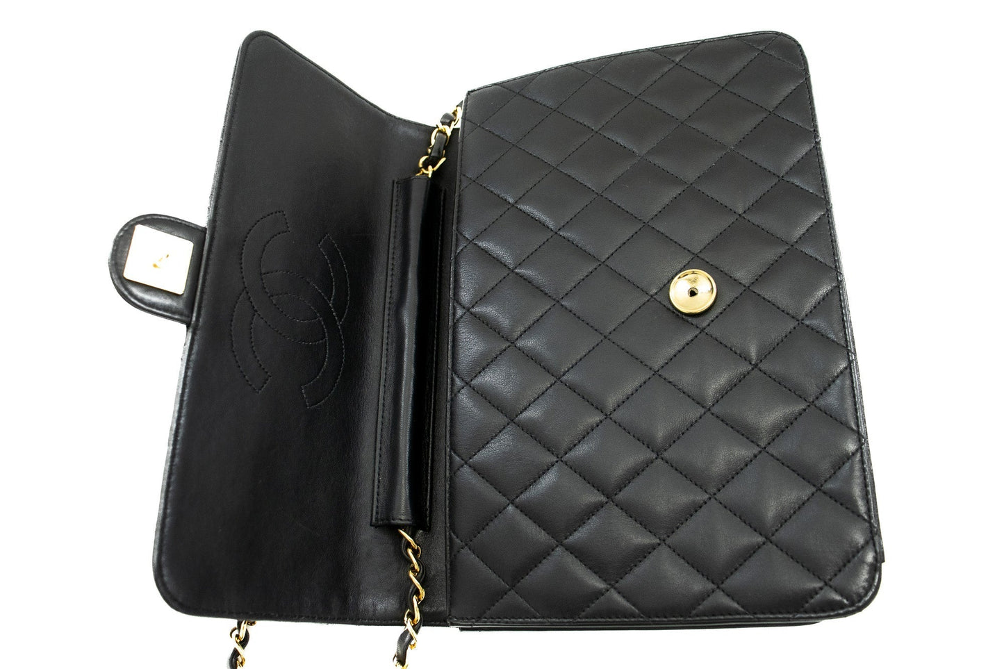 CHANEL Chain Shoulder Bag Clutch Black Quilted Flap Lambskin Purse j78