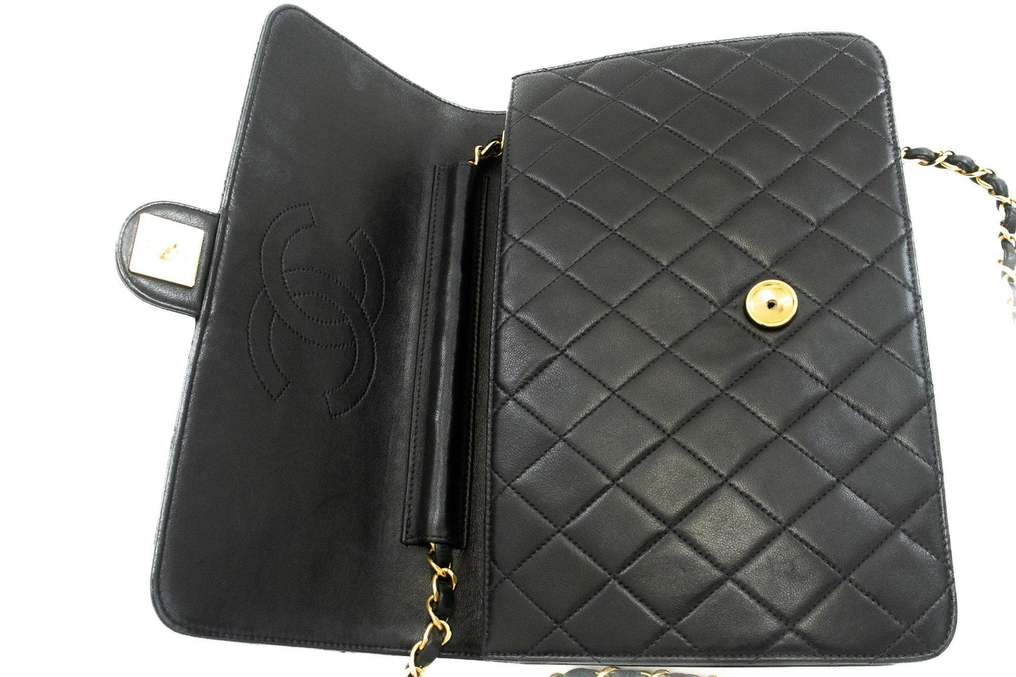 CHANEL Chain Shoulder Bag Clutch Black Quilted Flap Lambskin Purse k13