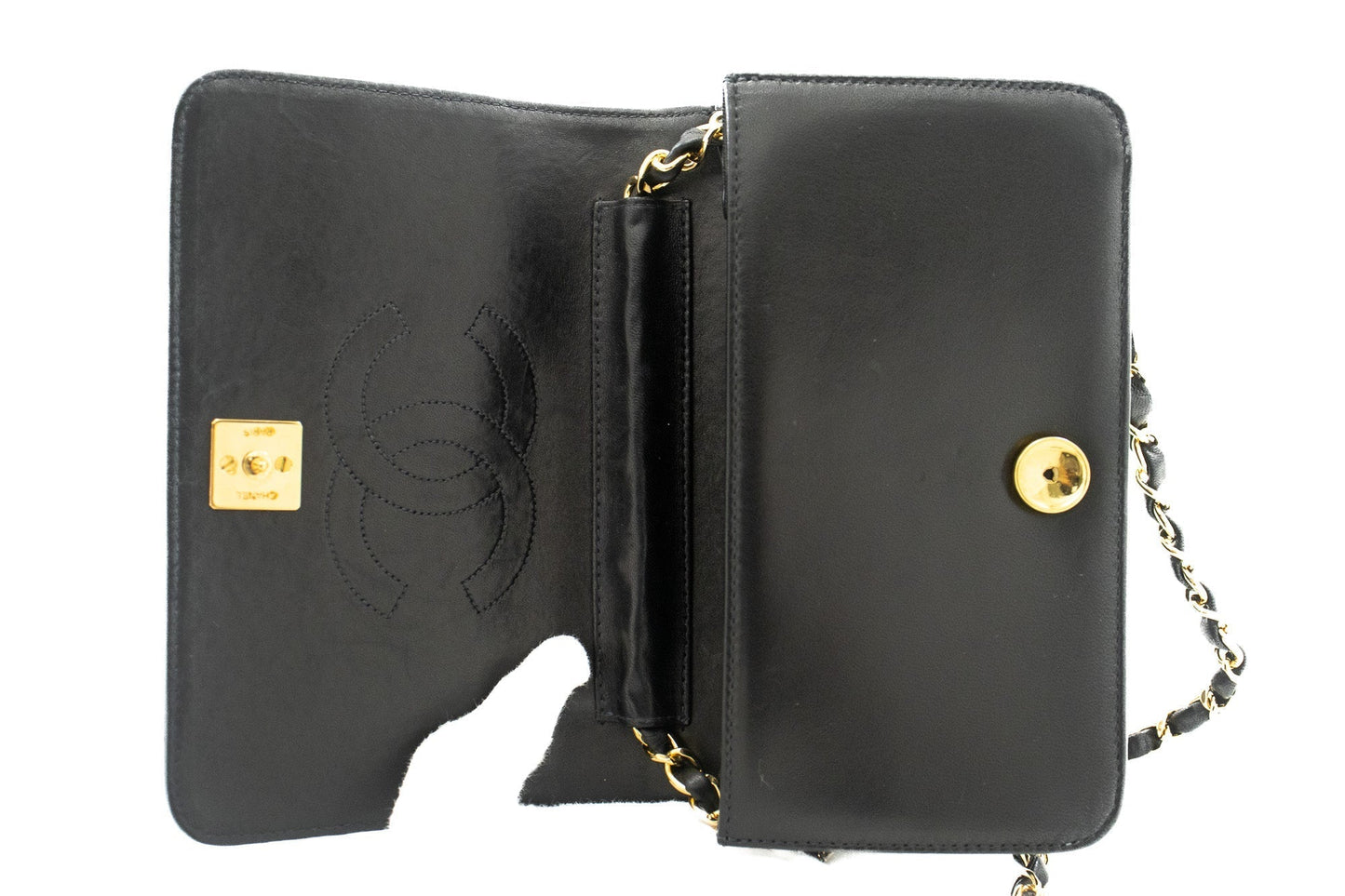 CHANEL Full Flap Chain Shoulder Bag Clutch Black Quilted Lambskin k09