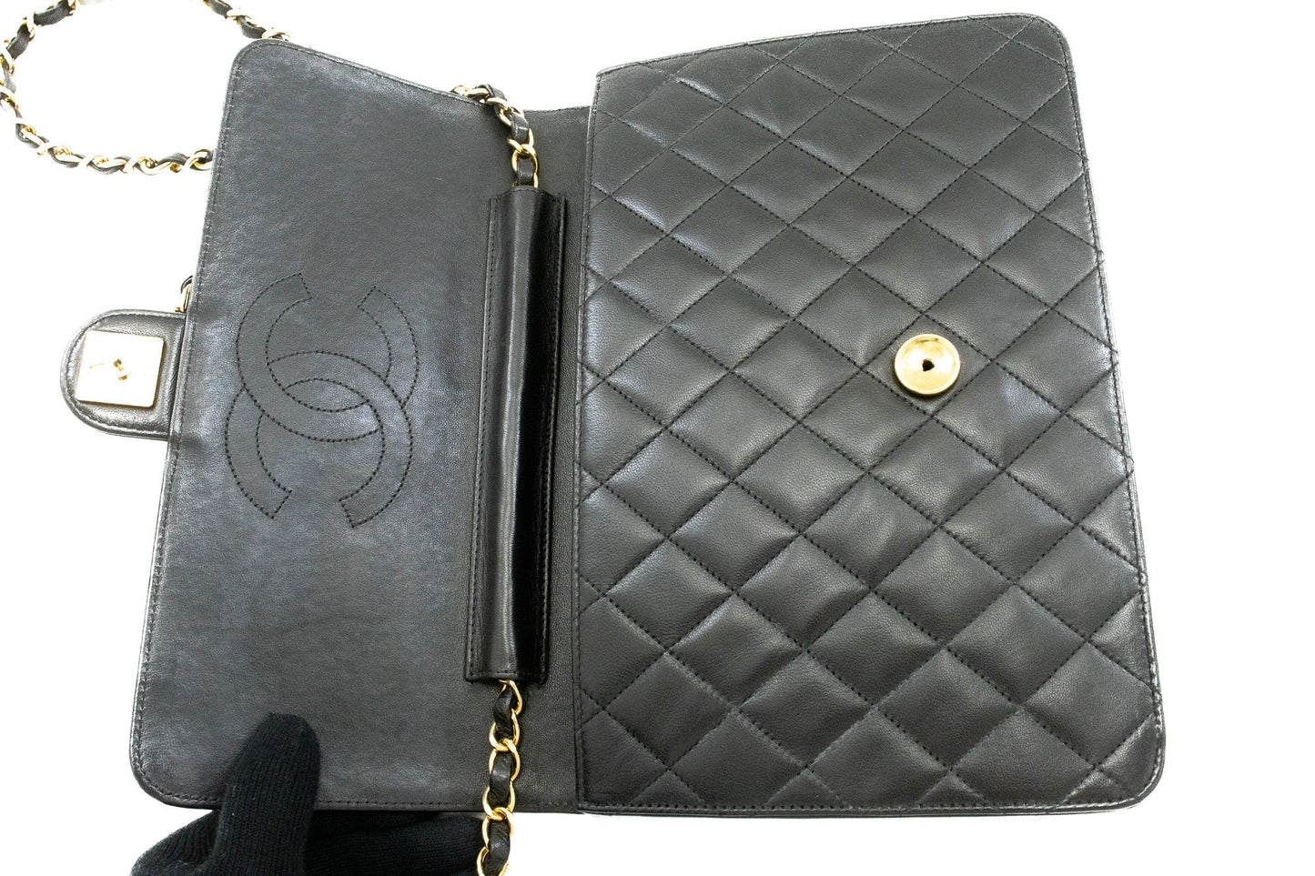 CHANEL Chain Shoulder Bag Clutch Black Quilted Flap Lambskin Purse j98