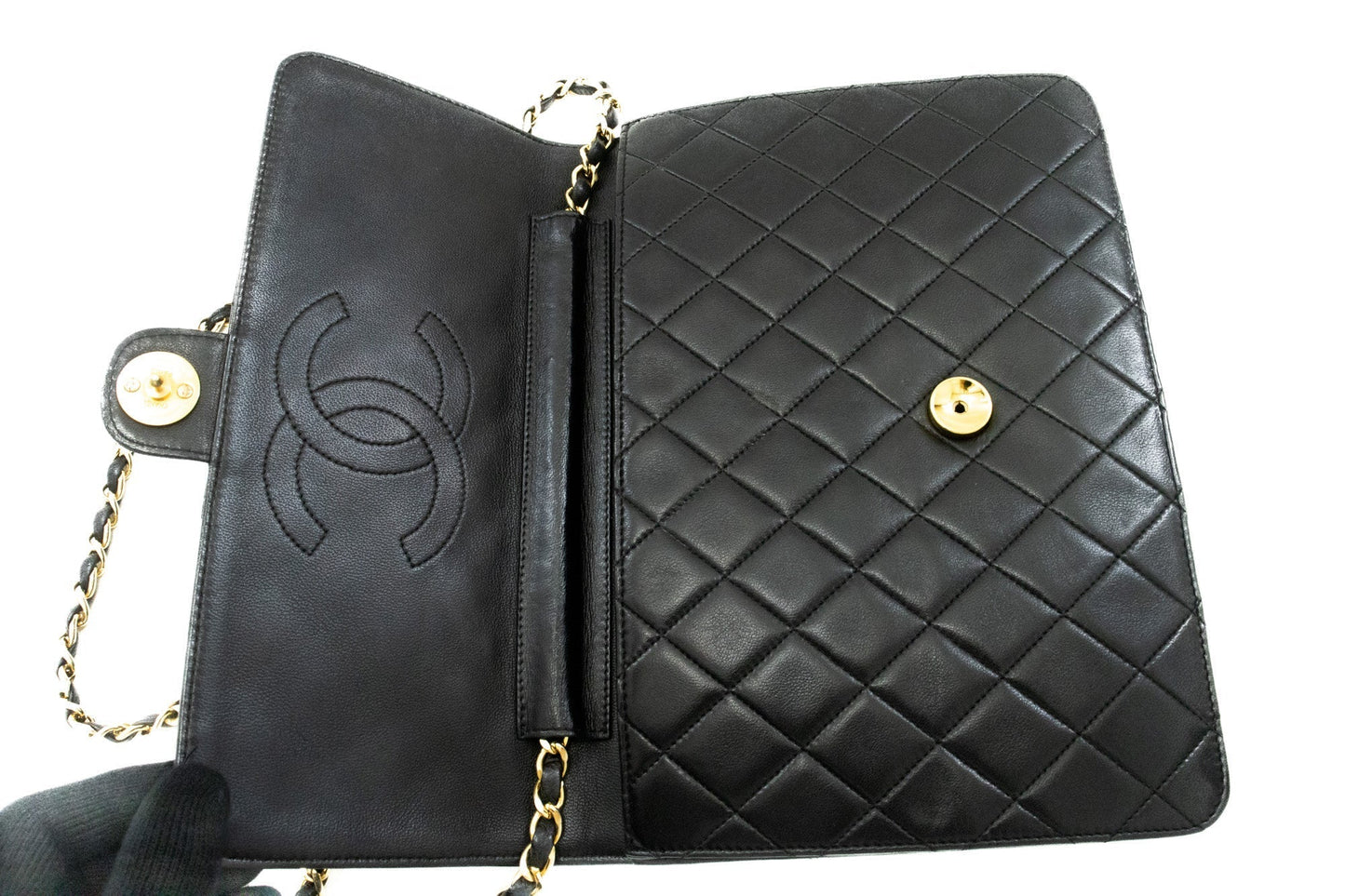 CHANEL Chain Shoulder Bag Clutch Black Quilted Flap Lambskin Purse k14