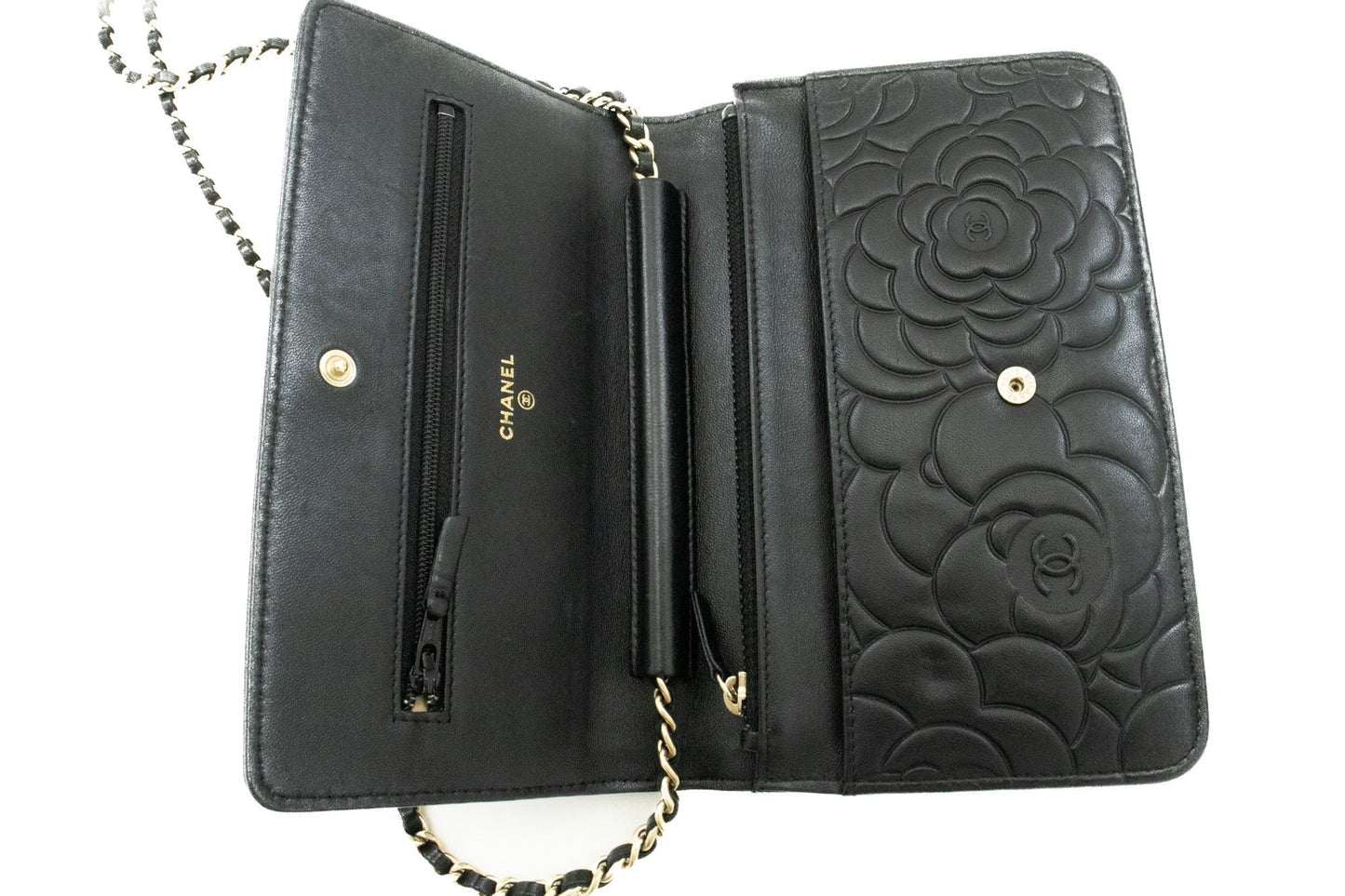 CHANEL Black Camellia Embossed Wallet On Chain WOC Shoulder Bag k53