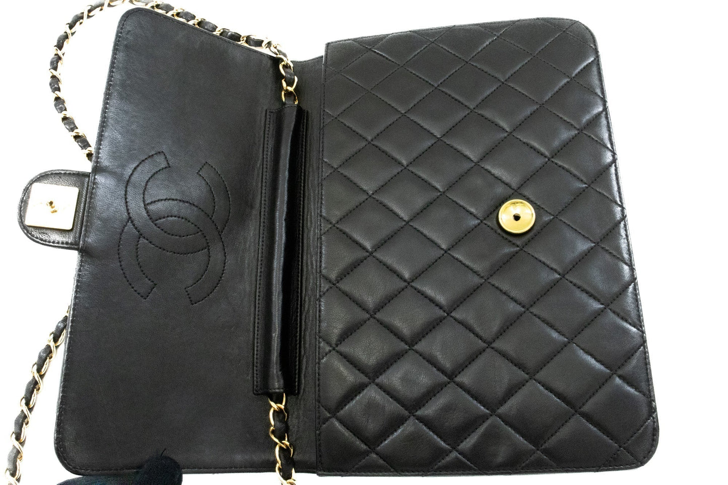 CHANEL Chain Shoulder Bag Clutch Black Quilted Flap Lambskin Purse k58