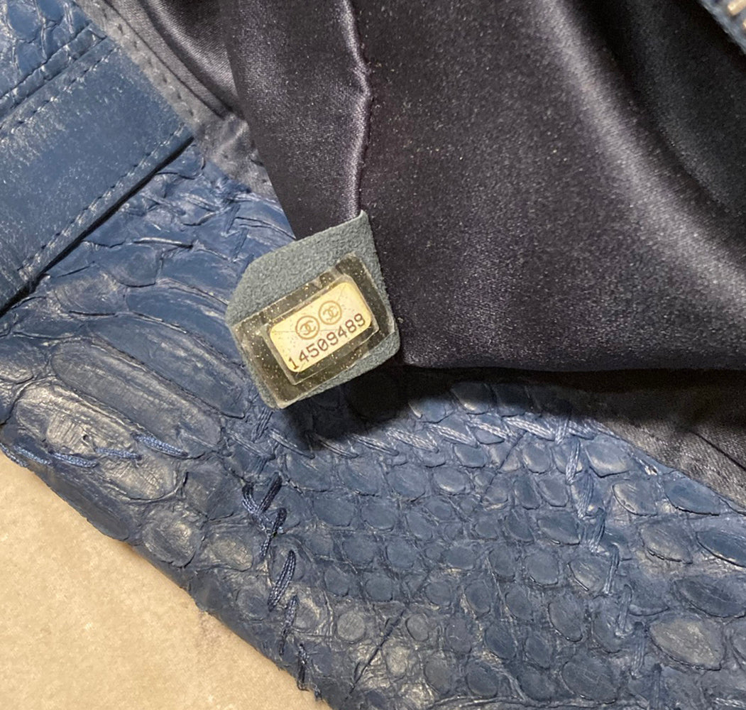 Chanel Navy Blue Quilted Matte Snakeskin Tote