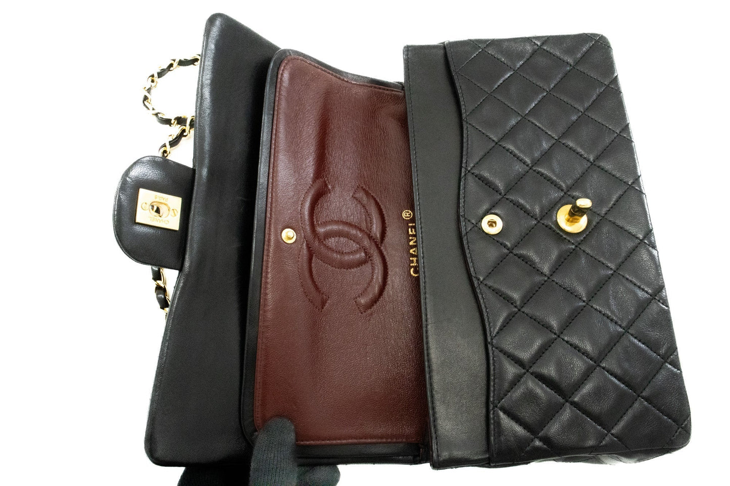 CHANEL Classic Double Flap 10" Chain Shoulder Bag Black Lambskin k60