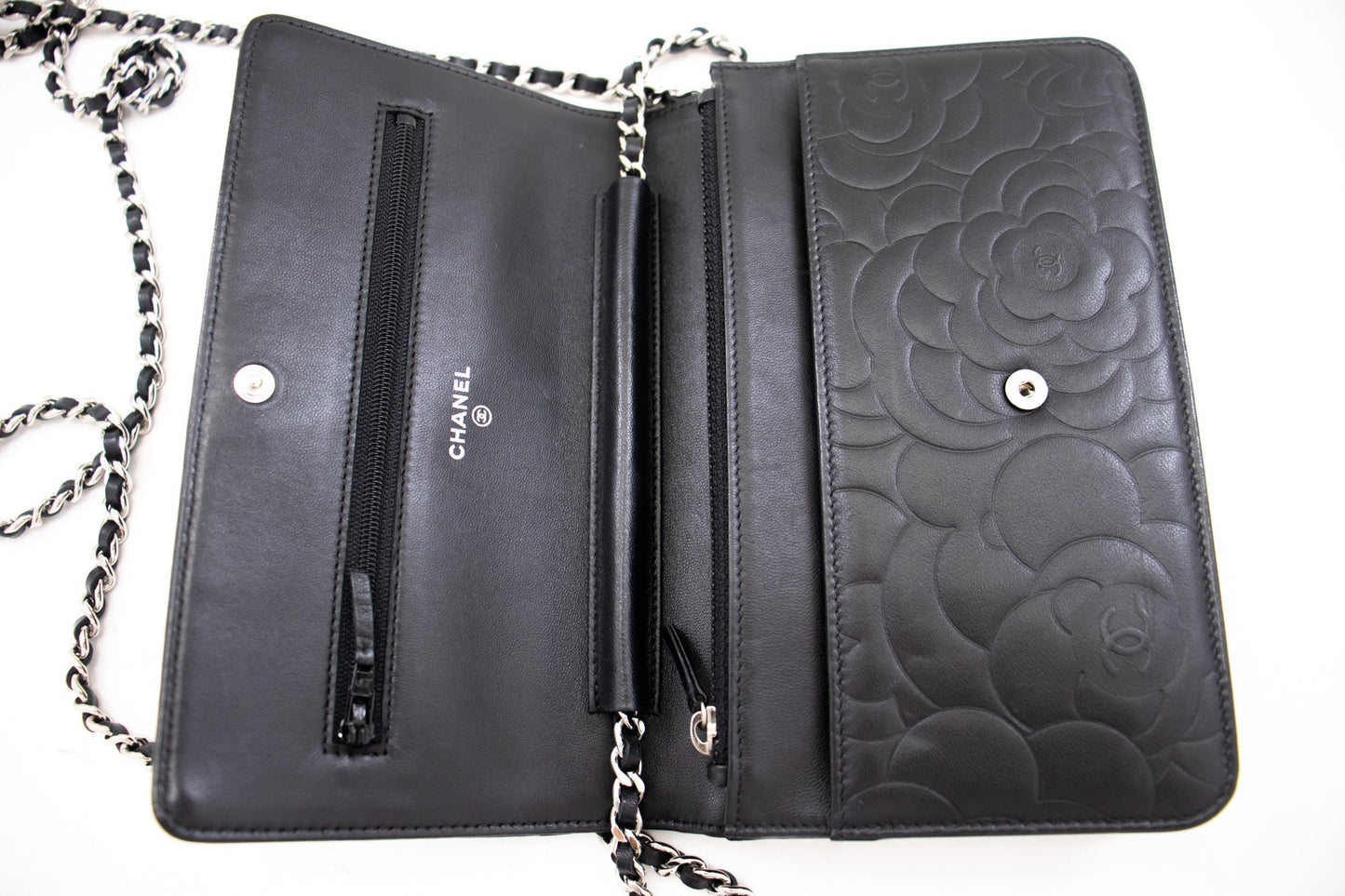 CHANEL Black Camellia Embossed Wallet On Chain WOC Shoulder Bag k68