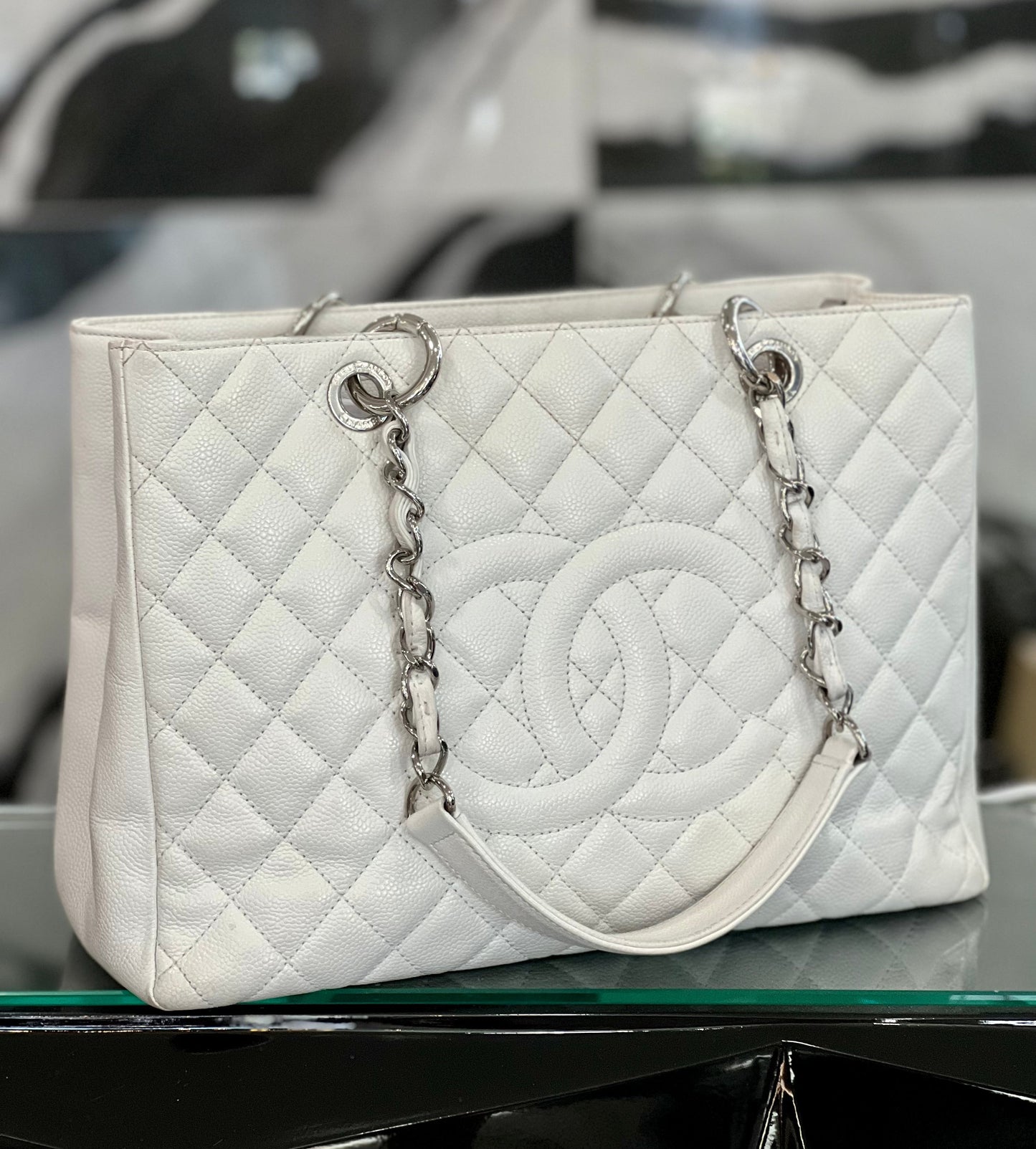 Chanel White Quilted Caviar Grand Shopper Tote GST