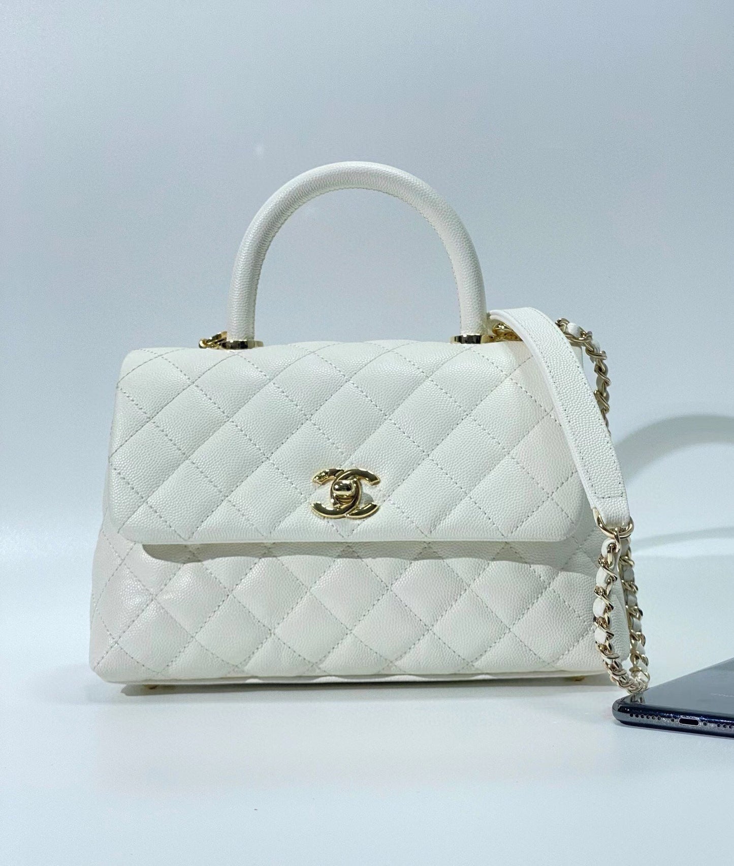 CHANEL coco handle flap bag 23cm white quilted caviar light gold hardware