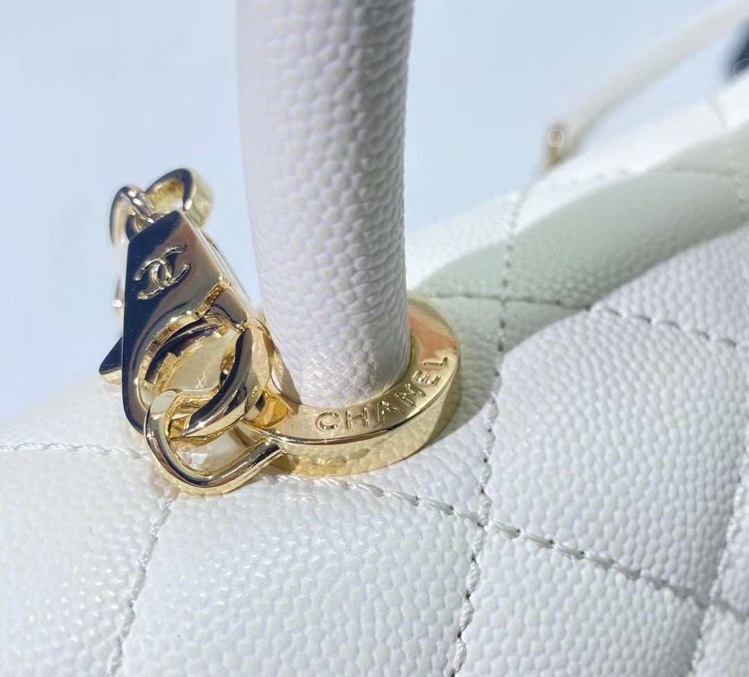 CHANEL coco handle flap bag 23cm white quilted caviar light gold hardware