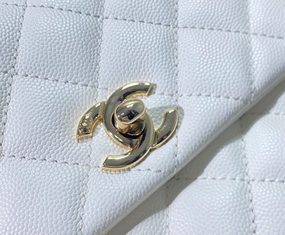 CHANEL coco handle flap bag 23cm white quilted caviar light gold hardware
