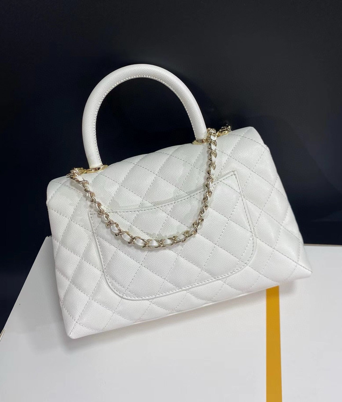 CHANEL coco handle flap bag 23cm white quilted caviar light gold hardware