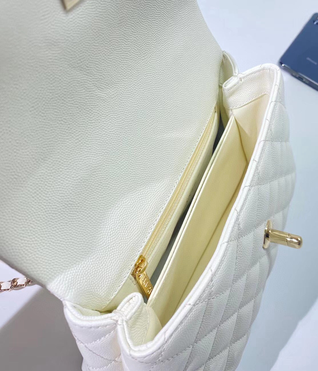 CHANEL coco handle flap bag 23cm white quilted caviar light gold hardware