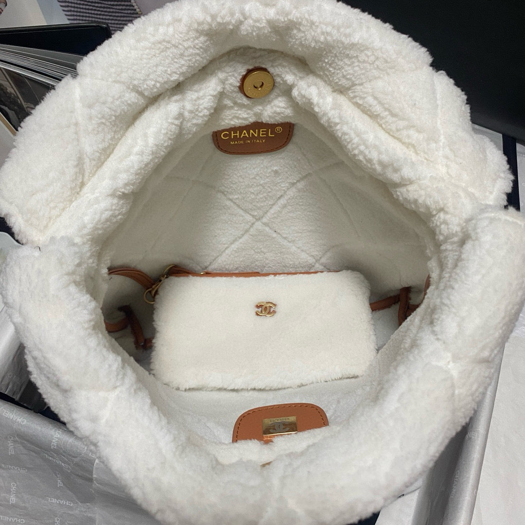CHANEL 22 Bag 35cm Brown White Shearling Lambskin
