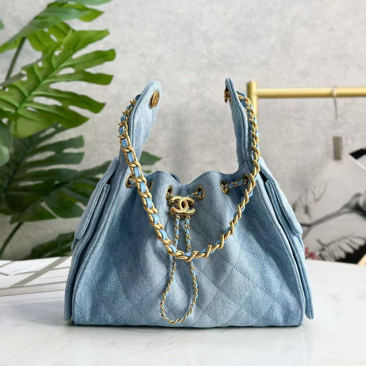 CHANEL 25C Hobo Bag 30cm Light Blue Denim
