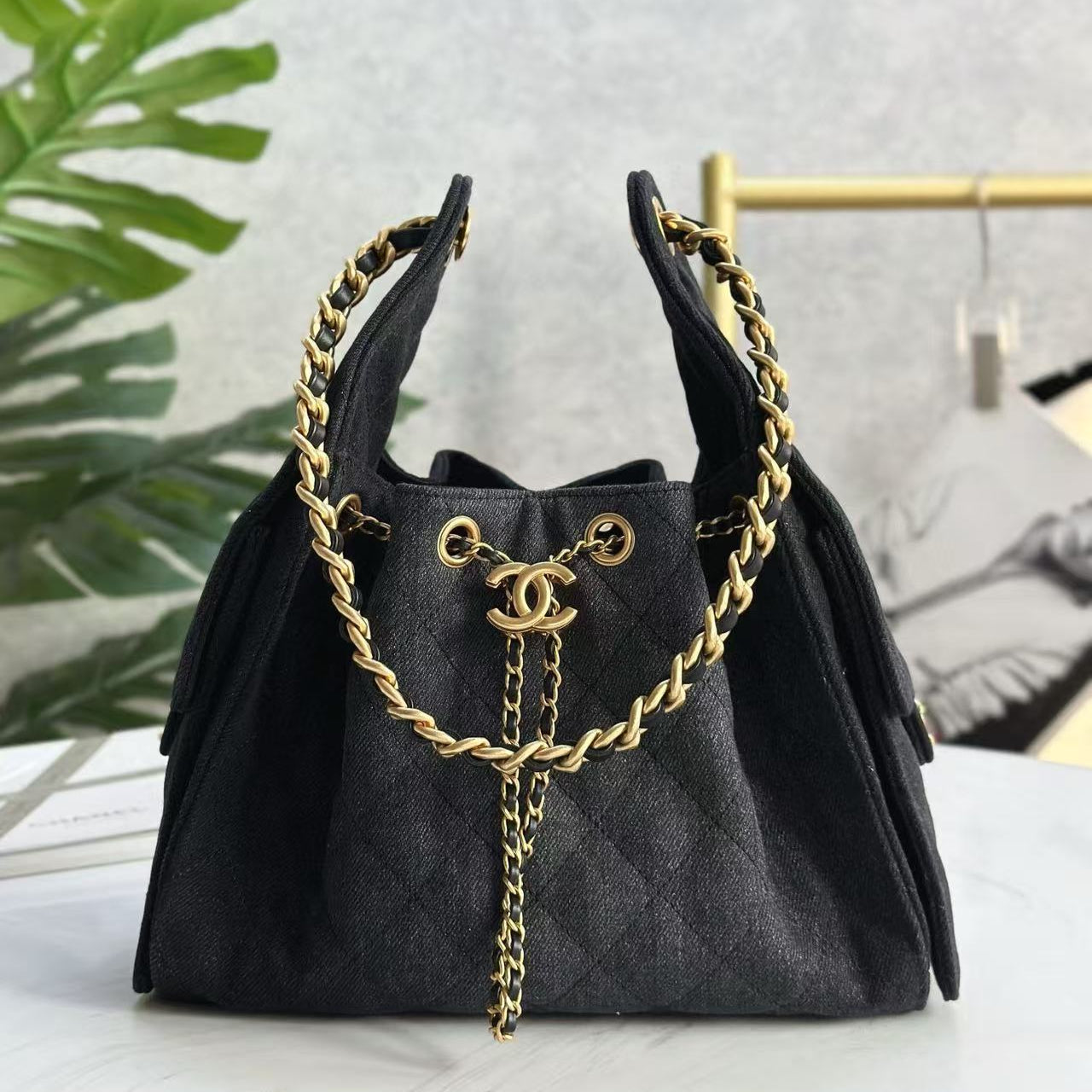 CHANEL 25C Hobo Bag 30cm Black Denim