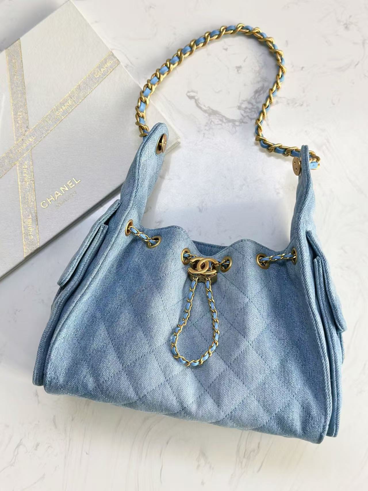 CHANEL 25C Hobo Bag 30cm Light Blue Denim
