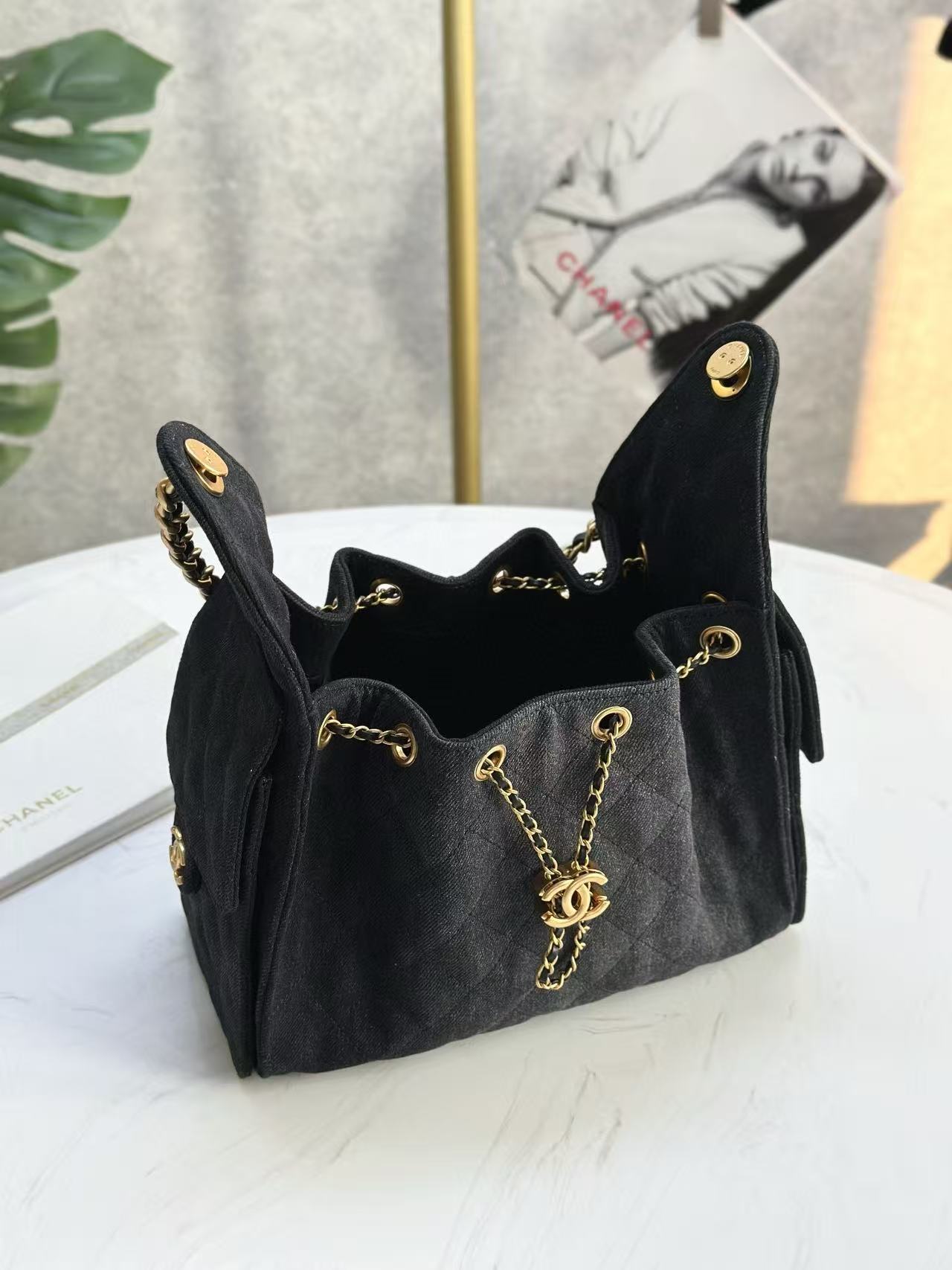 CHANEL 25C Hobo Bag 30cm Black Denim
