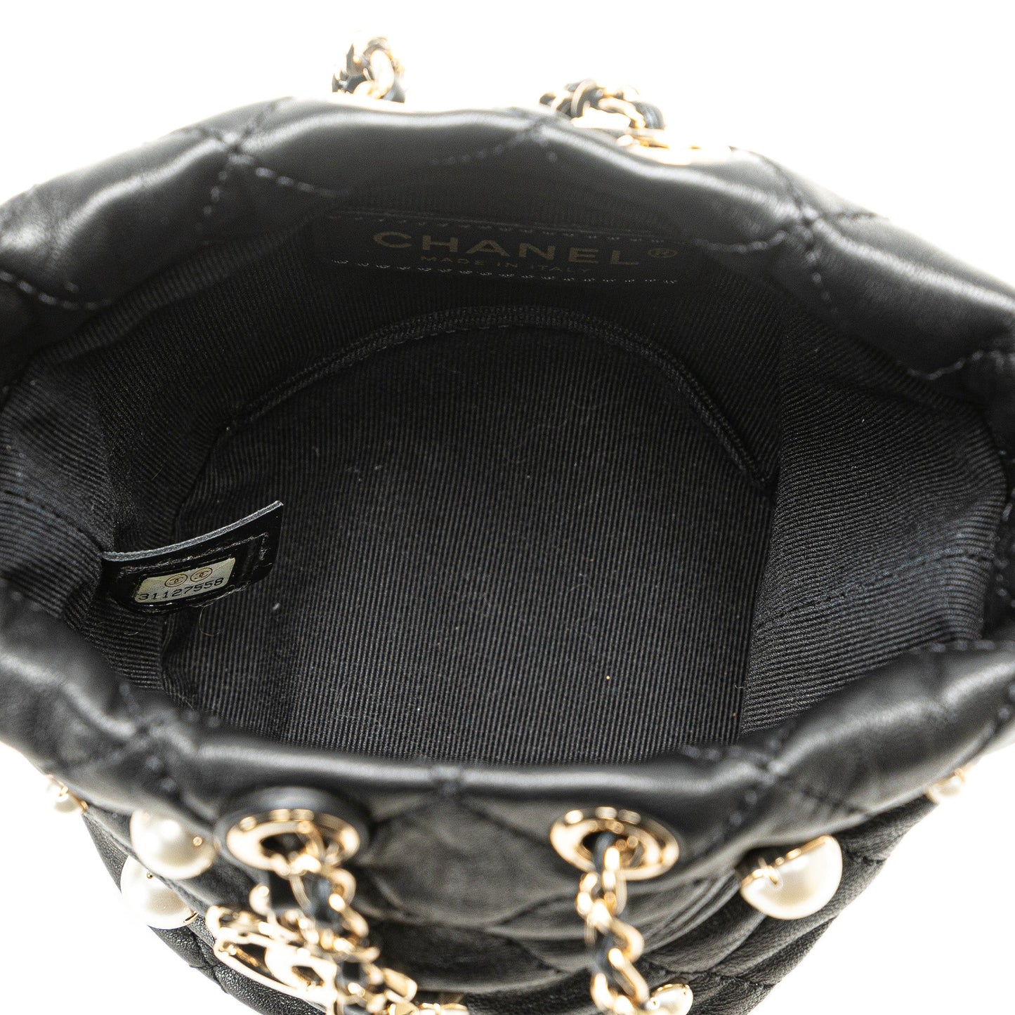 Black Chanel Mini Calfaskin About Pearls Drawstring Bucket Bag