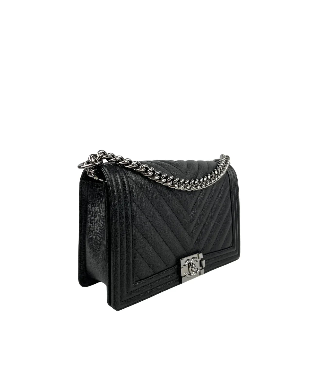 Chanel Sac Boy Grand Edition Chevron en cuir noir