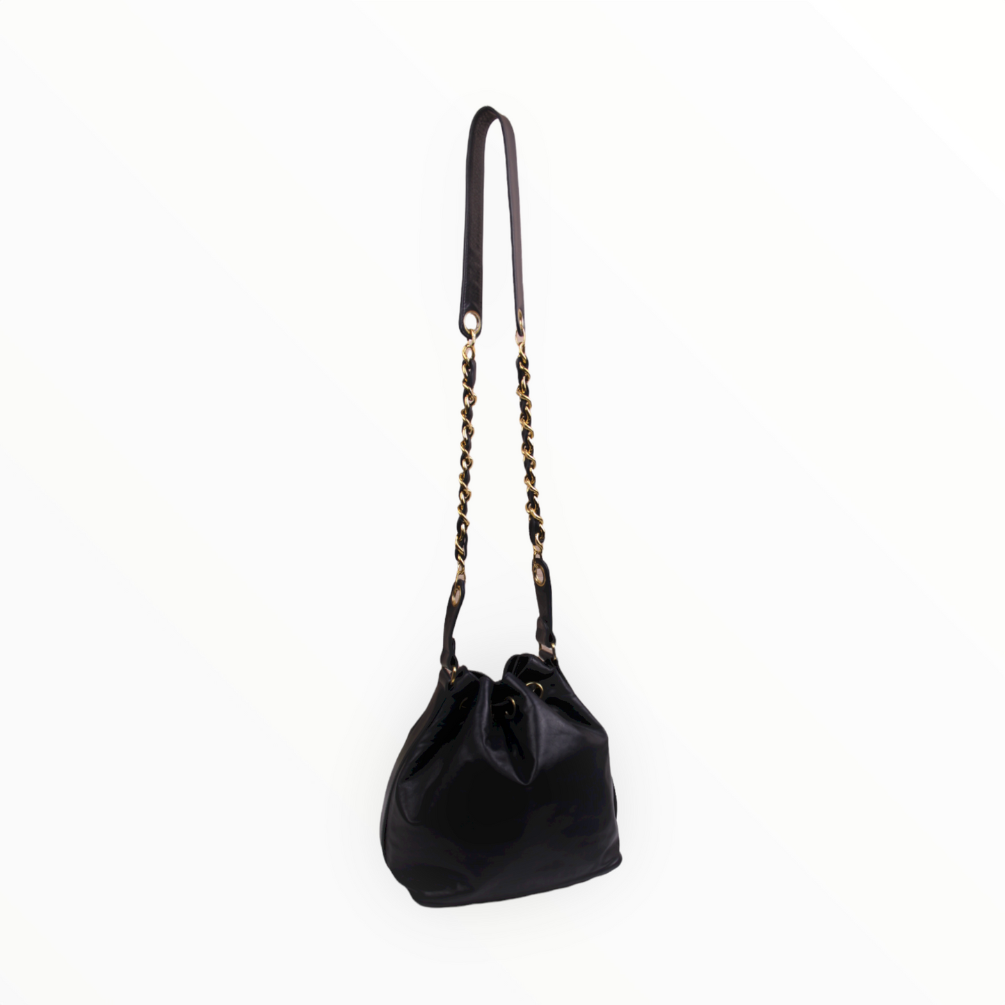 Chanel black bucket bag with logo on the front and gold detail - 1980s