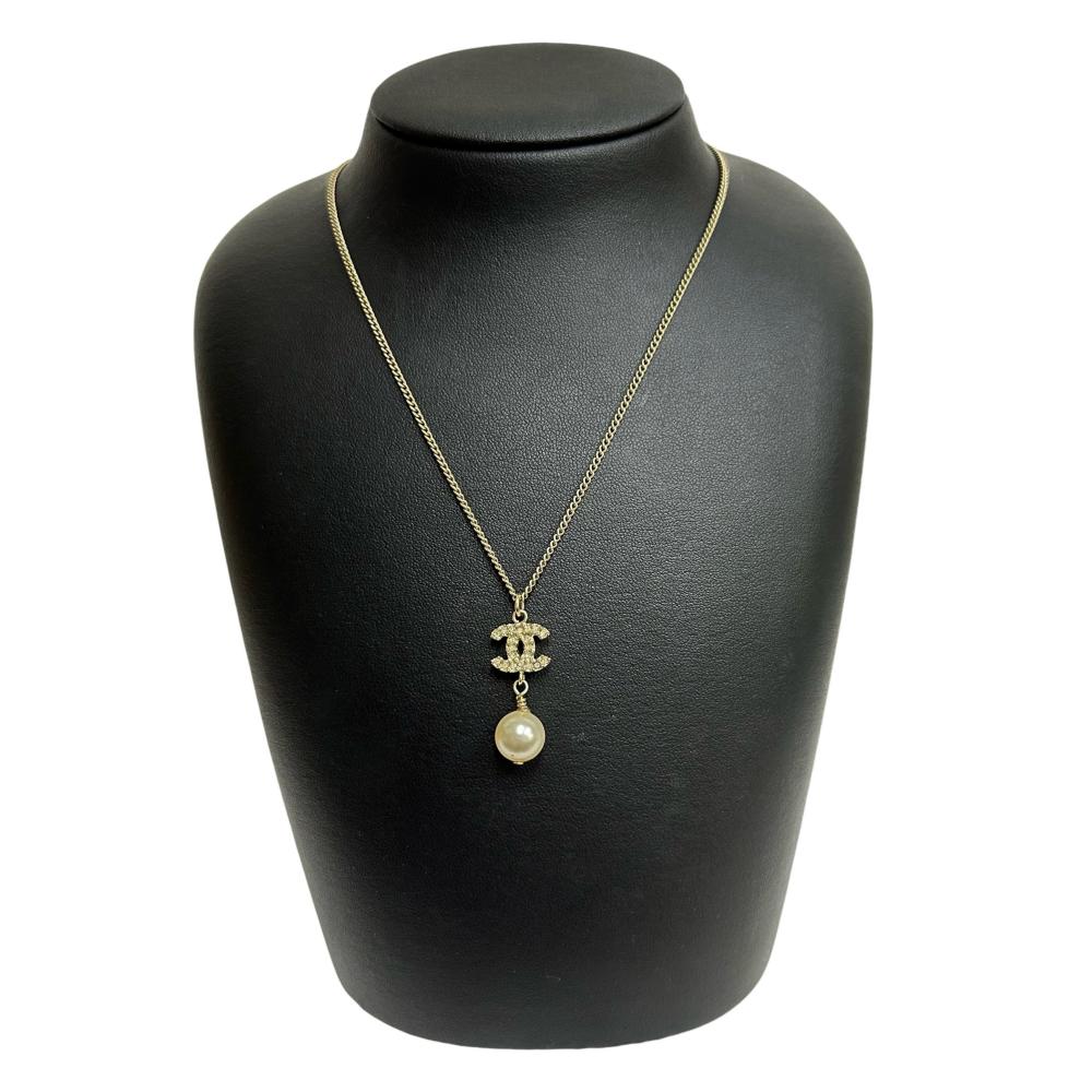 Chanel Coco Mark Necklace Metal Rhinestone Faux Pearl
