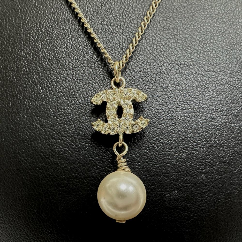 Chanel Coco Mark Necklace Metal Rhinestone Faux Pearl