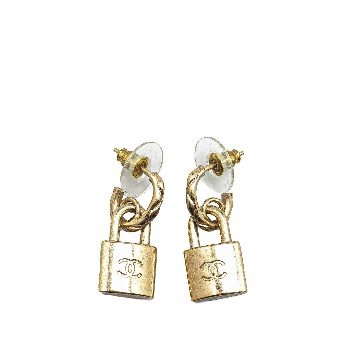 Gold Chanel Gold Plated CC Padlock Drop Push Back Earrings