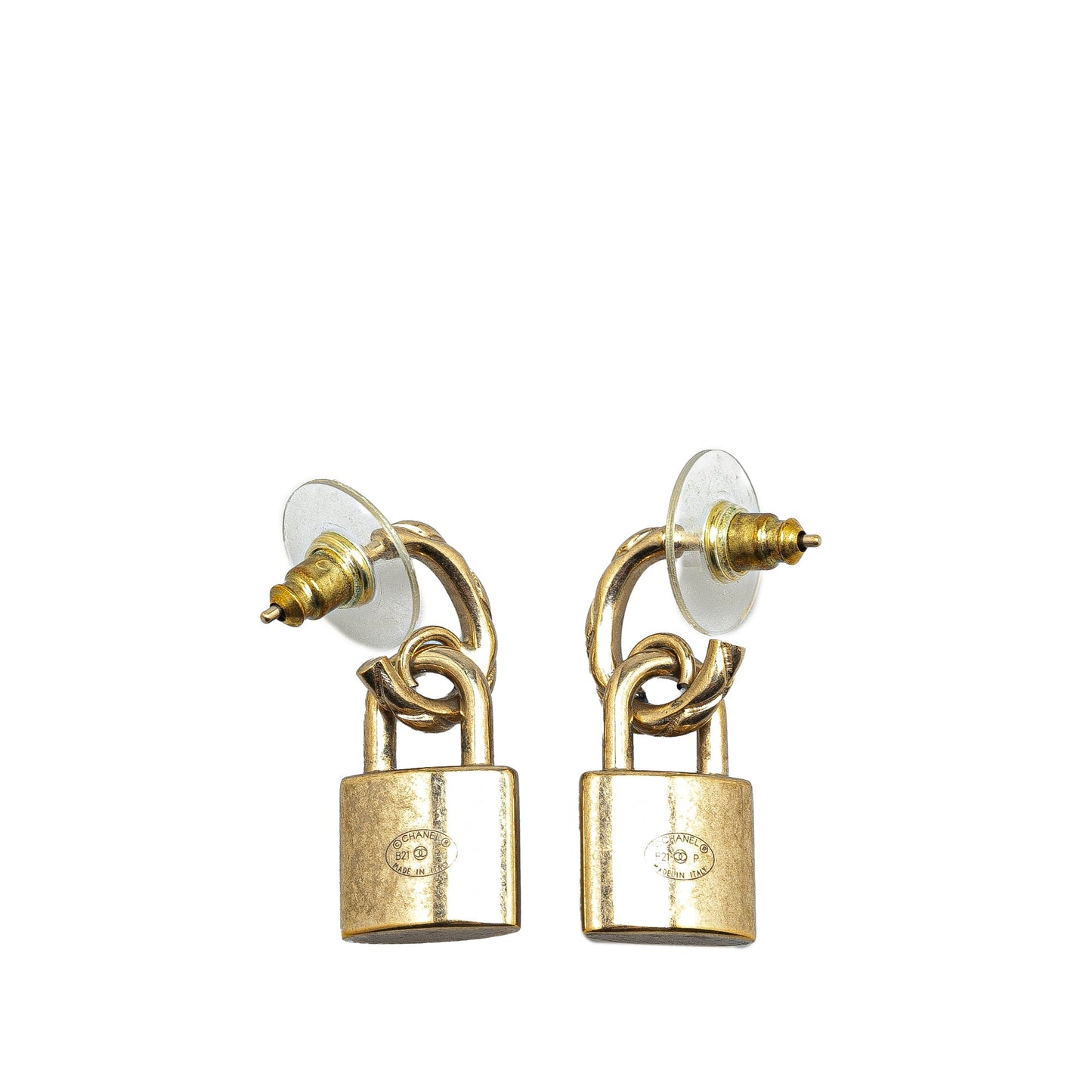 Gold Chanel Gold Plated CC Padlock Drop Push Back Earrings