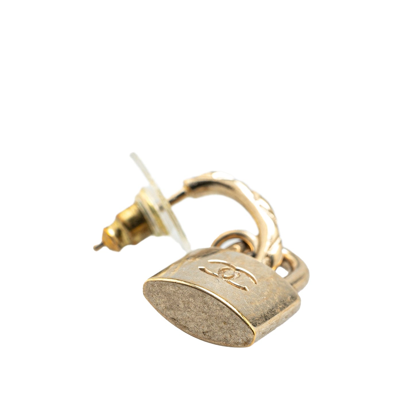 Gold Chanel Gold Plated CC Padlock Drop Push Back Earrings