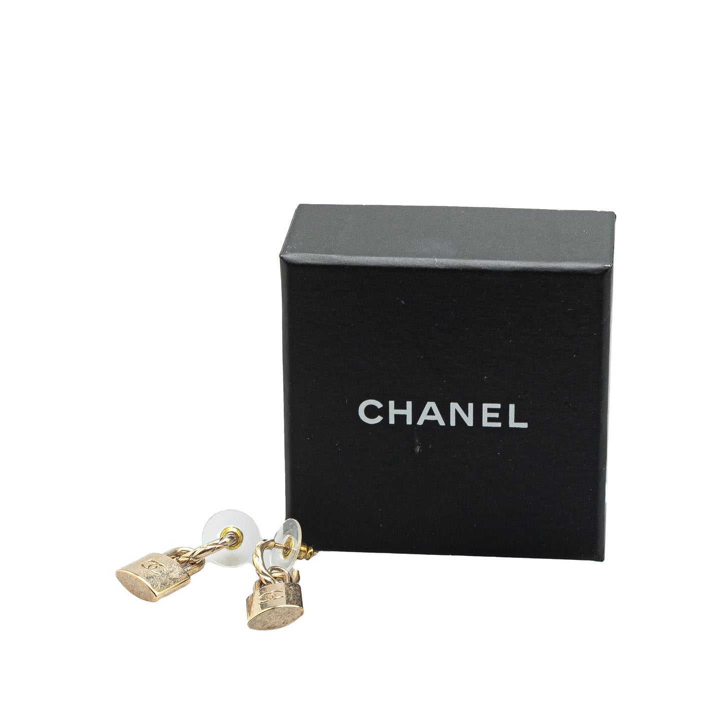 Gold Chanel Gold Plated CC Padlock Drop Push Back Earrings