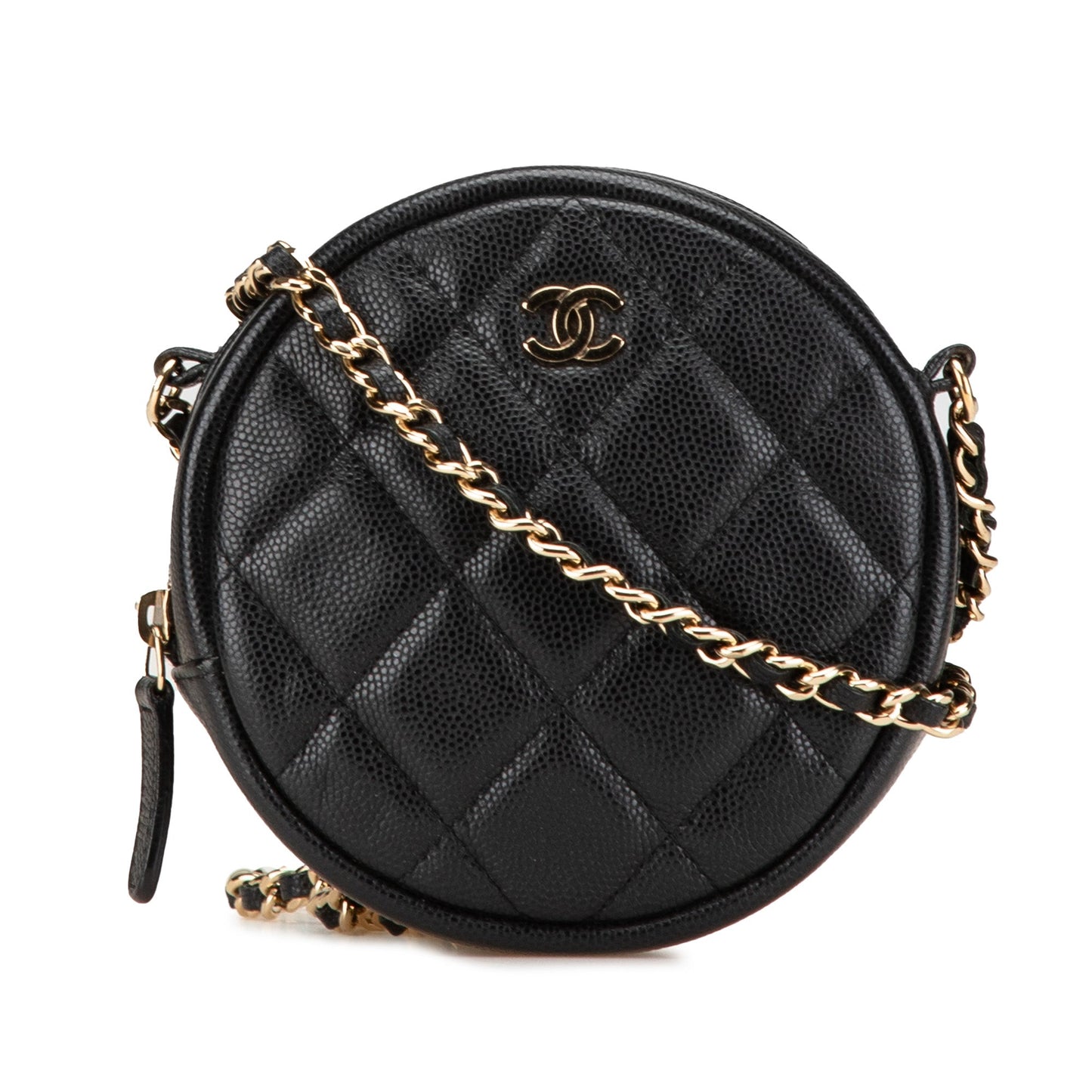 Black Chanel CC Quilted Caviar Round Clutch With Chain Crossbody Bag