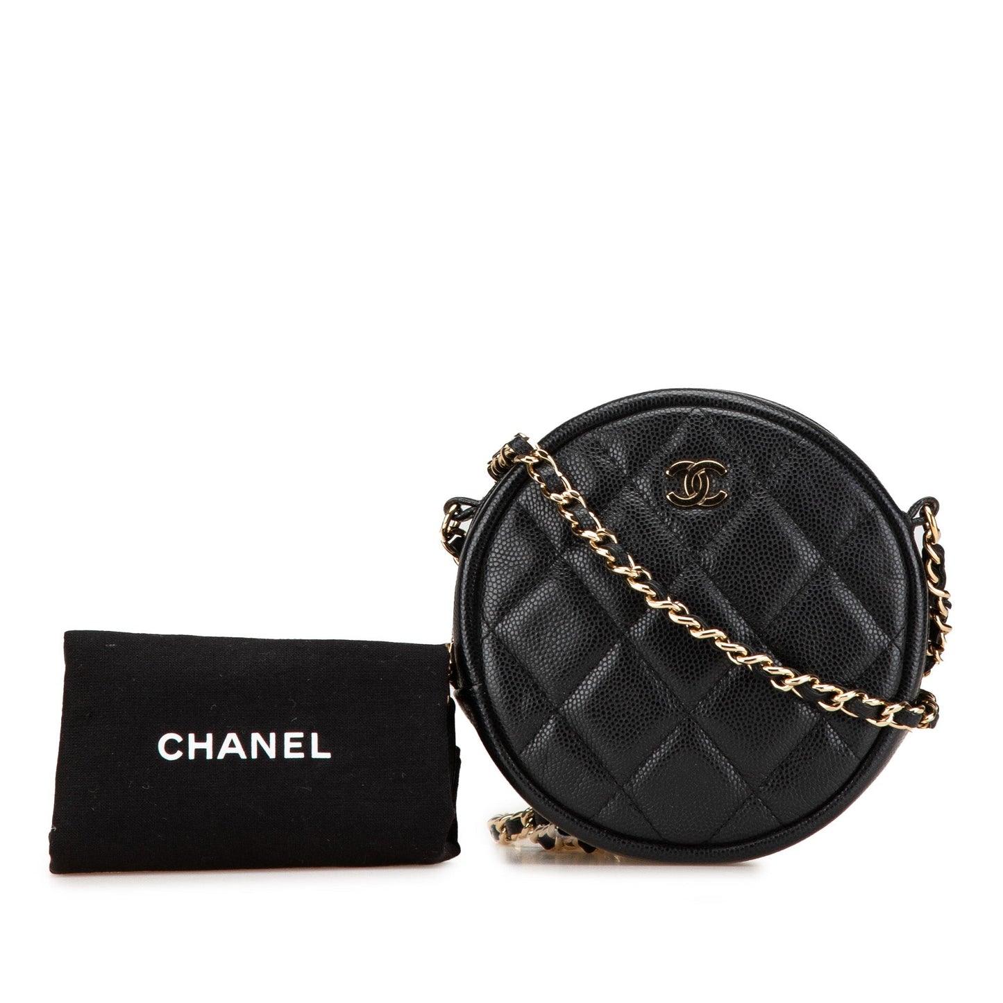 Black Chanel CC Quilted Caviar Round Clutch With Chain Crossbody Bag